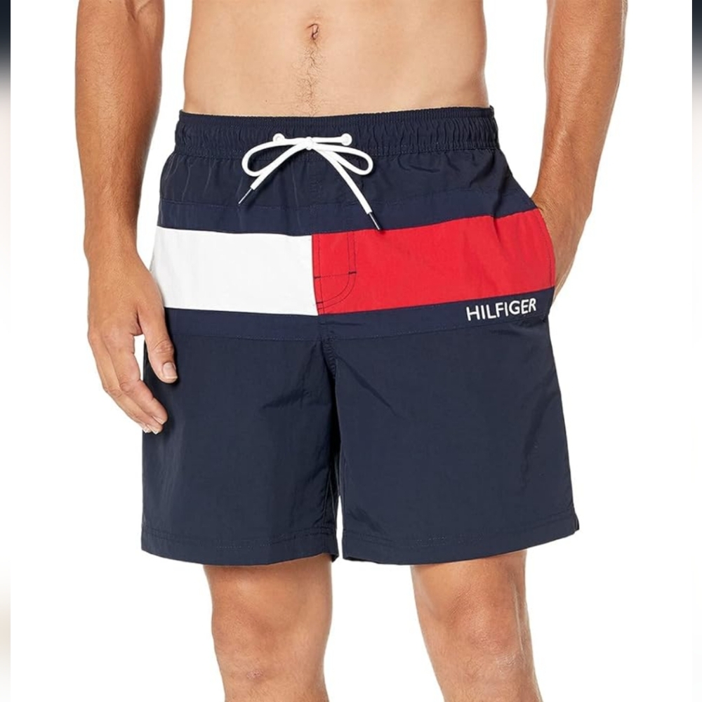 Tommy Hilfiger Men's 7” Flag Swim Trunks with Quick Dry Navy Large 🆕